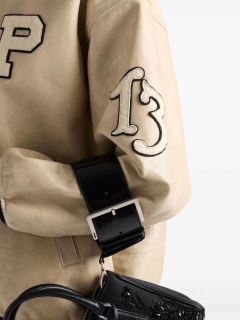 Prada logo-appliqué leather bomber jacket - Neutrals