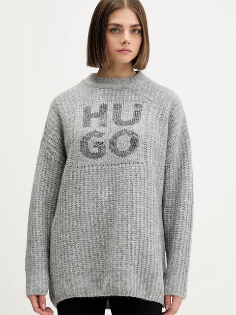 HUGO sweter z dodatkiem wełny damski kolor szary ciepły 50548245 - zdjęcie produktu nr 1