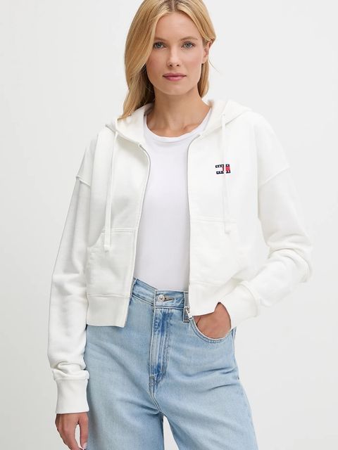 Tommy Jeans bluza bawełniana damska kolor biały z kapturem z aplikacją DW0DW21147
