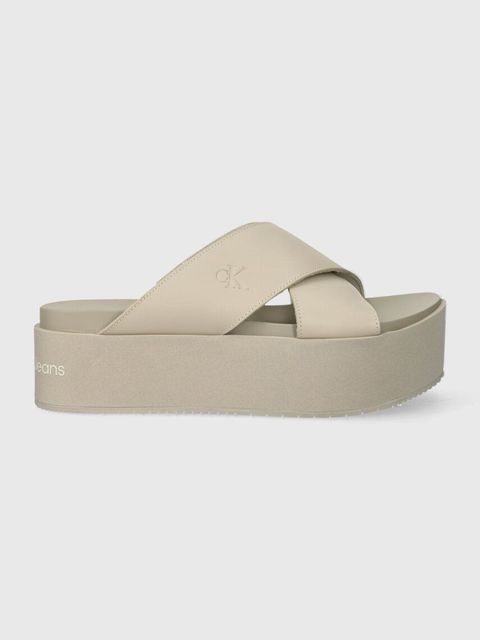 Calvin Klein Jeans klapki skórzane FLATFORM CROSS MG UC damskie kolor beżowy na platformie YW0YW01349 - zdjęcie produktu nr 1