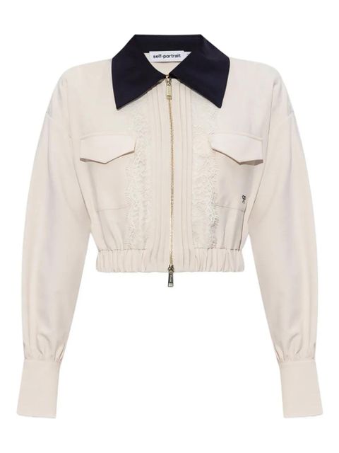 Self-Portrait lace-trimmed zip-front jacket - Neutrals - zdjęcie produktu nr 1