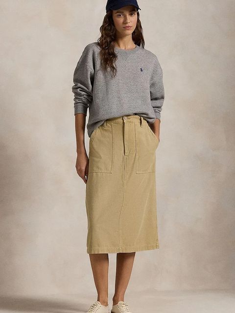 Polo Ralph Lauren spódnica bawełniana RICKY MD SK kolor beżowy midi rozkloszowana 211959051