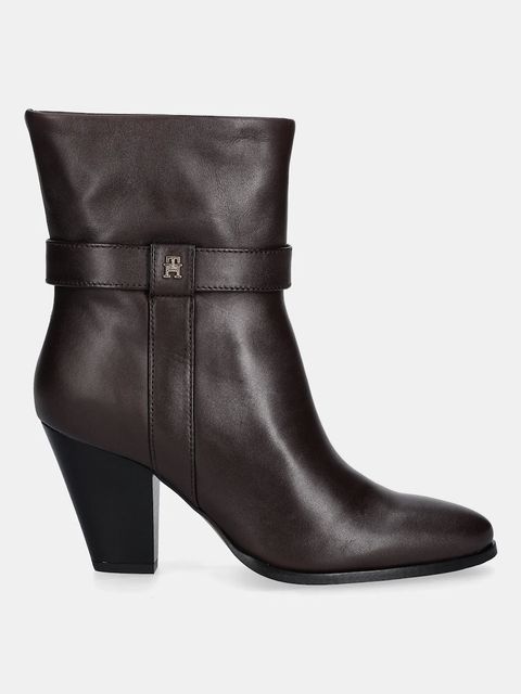Tommy Hilfiger botki skórzane TH T-STRAP LEATHER POINTY BOOTIE damskie kolor brązowy na słupku FW0FW08984