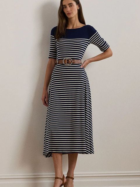 Lauren Ralph Lauren sukienka bawełniana kolor granatowy midi rozkloszowana 250957728