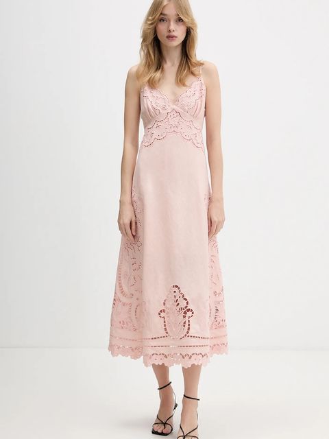 Farm Rio sukienka lniana kolor różowy midi rozkloszowana 351184 - zdjęcie produktu nr 1