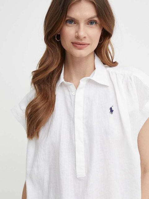 Polo Ralph Lauren bluzka lniana kolor biały gładka 211935131
