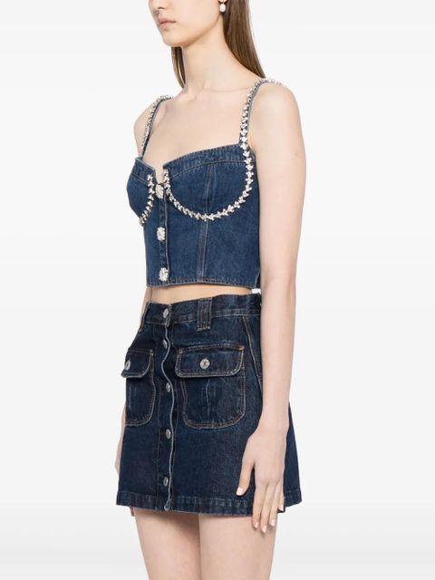Self-Portrait crystal-embellished denim bustier top - Blue