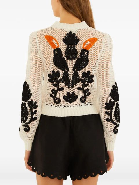 FARM Rio toucan-motif crochet cardigan - White