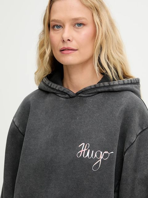 HUGO bluza bawełniana damska kolor szary z kapturem z nadrukiem 50544870