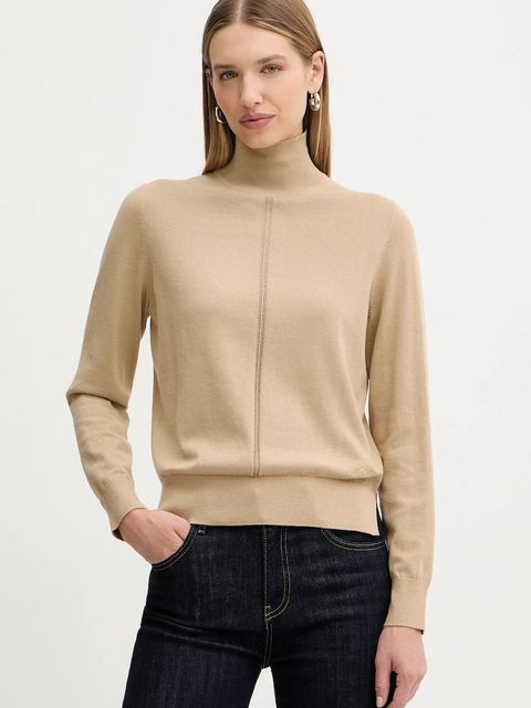 BOSS Orange sweter z dodatkiem wełny damski kolor beżowy lekki z półgolfem 50551356 - zdjęcie produktu nr 1