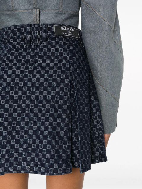 Balmain pleated monogram-jacquard denim miniskirt - Blue