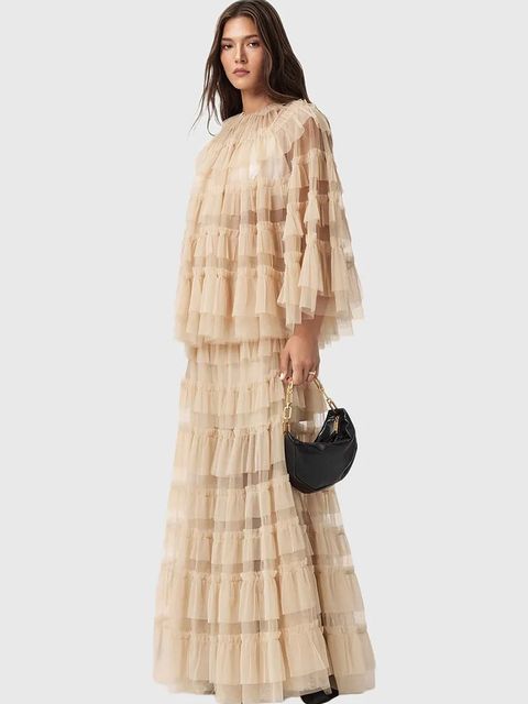 AllSaints spódnica kolor beżowy maxi rozkloszowana W071RD