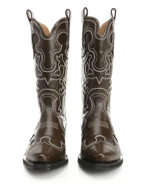 GANNI leather embroidered boots - Brown
