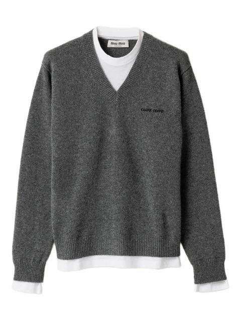 Miu Miu intarsia-logo V-neck sweater - Grey - zdjęcie produktu nr 1