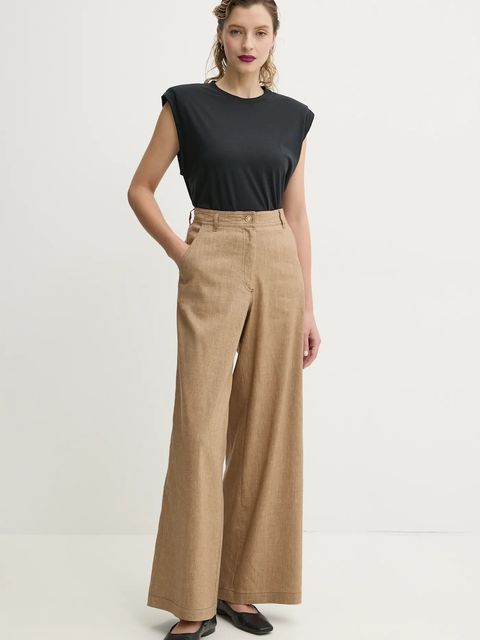 Sessun spodnie lniane damskie kolor beżowy szerokie high waist 25207003