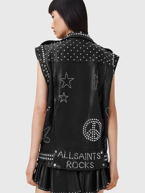 AllSaints bezrękawnik skórzany BILLIE kolor czarny przejściowa oversize W051LC