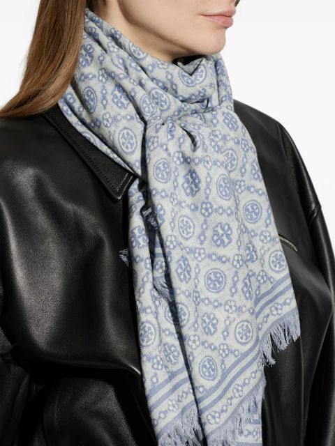 Tory Burch T-monogram fringed scarf - Blue