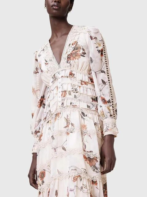 AllSaints sukienka ZORA MIDI kolor beżowy midi rozkloszowana W084DC