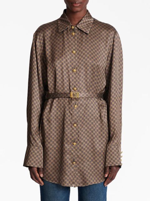 Balmain mini monogram-print silk shirt - Brown