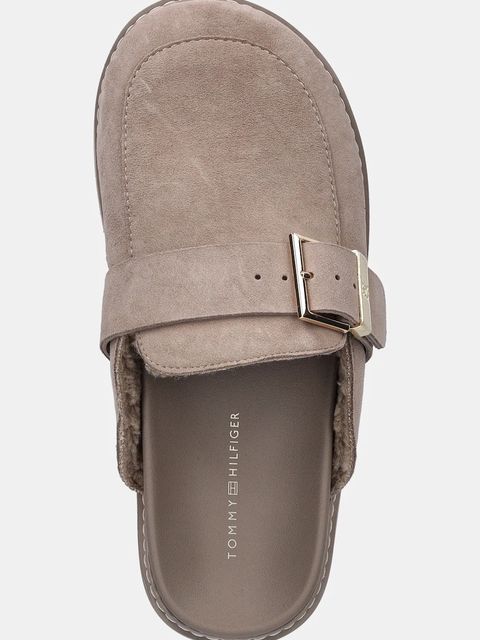 Tommy Hilfiger klapki zamszowe TH BUCKLE FUR SUEDE MULE damskie kolor beżowy FW0FW09083