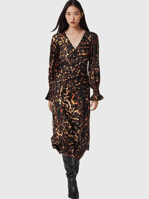 AllSaints sukienka z dodatkiem jedwabiu kolor brązowy midi rozkloszowana W102DD