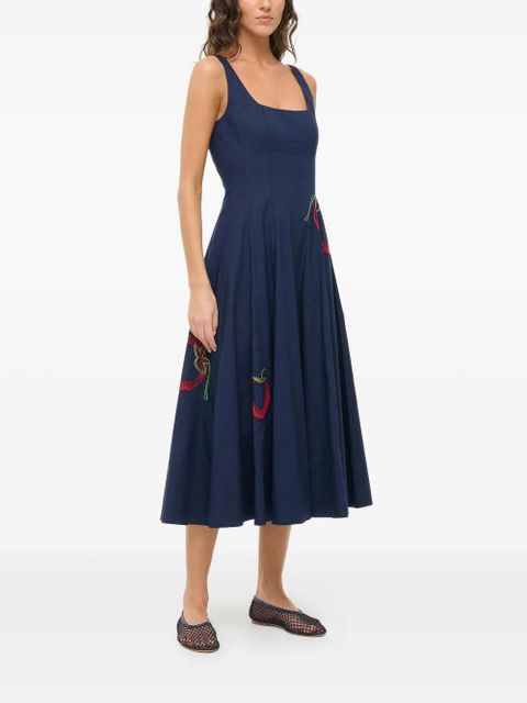 STAUD Wells tomato-embroidered midi dress - Blue
