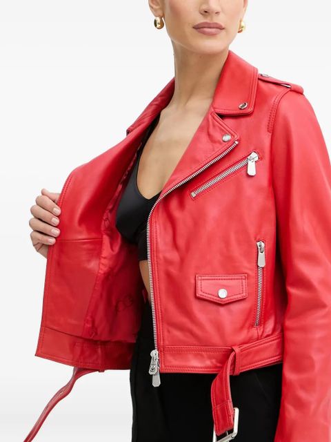 PINKO belted zip-front leather biker jacket - Red