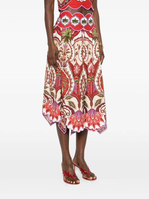 FARM Rio scalloped printed midi skirt - Red