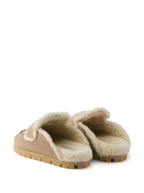 Prada shearling logo-plaque mules - Neutrals