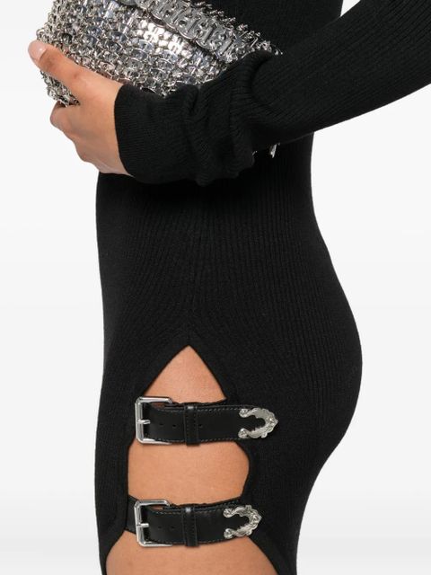 Blumarine ribbed turtleneck buckle-detail asymmetric party dress - Black