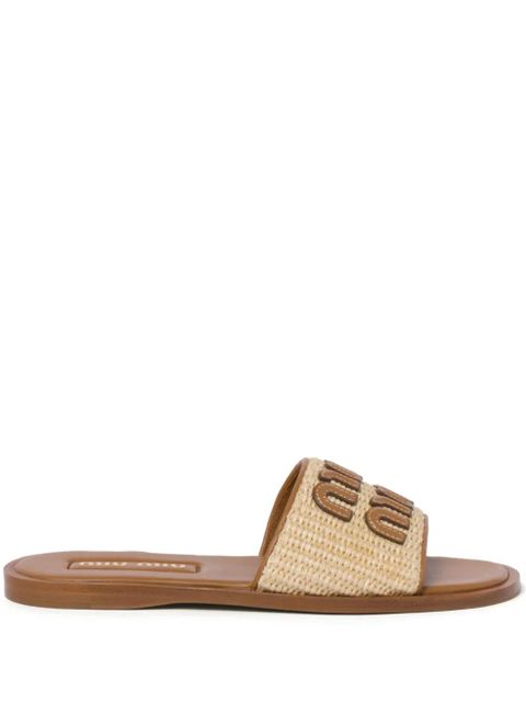 Miu Miu logo-patch raffia slides - Neutrals - zdjęcie produktu nr 1