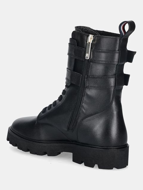 Tommy Hilfiger botki skórzane TH LTHR BIKER LACEUP damskie kolor czarny na płaskim obcasie FW0FW08986