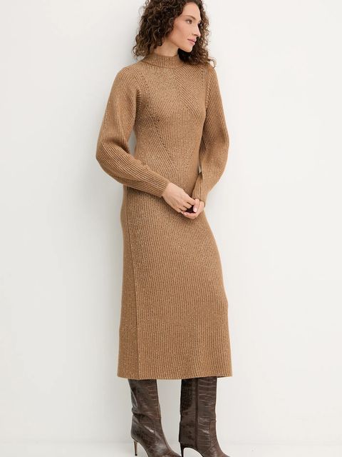 Twinset sukienka z wełną kolor brązowy maxi prosta 252TT3460