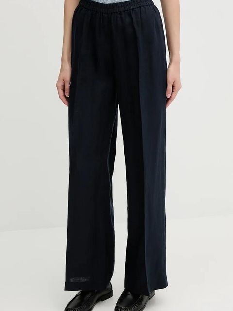 Sisley spodnie lniane kolor granatowy szerokie high waist