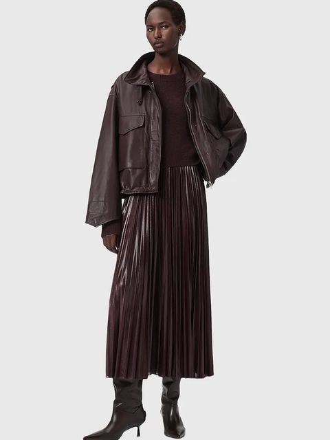 AllSaints sukienka i sweter kolor brązowy midi rozkloszowana W328DB