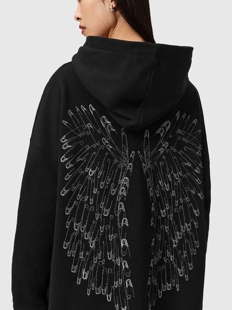 AllSaints bluza bawełniana damskie kolor czarny z kapturem z nadrukiem W118JD