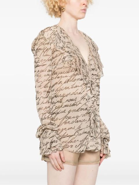 Balmain Love Letter-print ruffled blouse - Neutrals