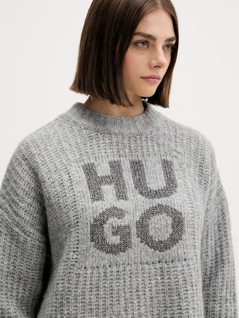 HUGO sweter z dodatkiem wełny damski kolor szary ciepły 50548245