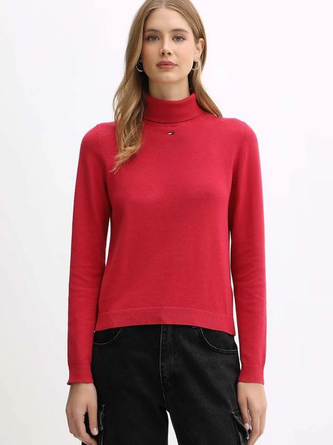 Tommy Jeans sweter bawełniany damski kolor różowy lekki z golfem DW0DW21672