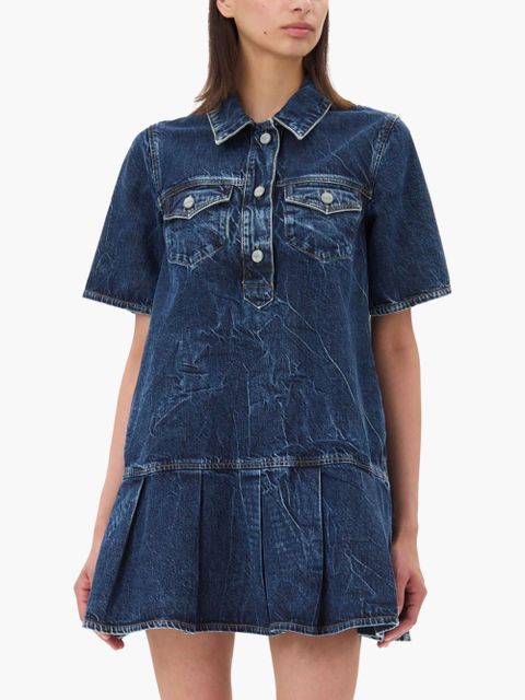 GANNI crinkled denim mini dress - Blue