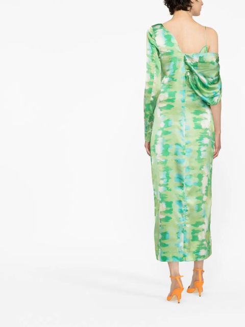 GANNI printed off-shoulder silk dress - Green