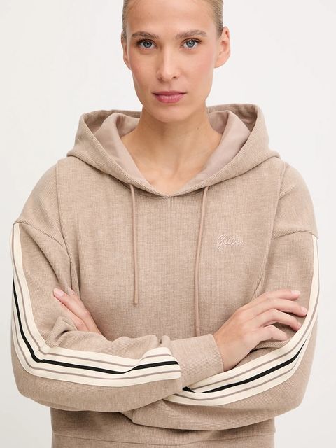 Guess bluza z domieszką wełny MURIEL damska kolor beżowy z kapturem z aplikacją V5BQ14 KCX52