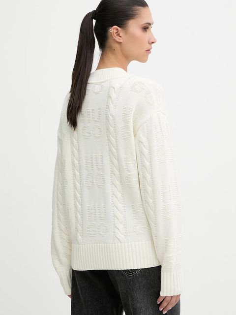 HUGO sweter z dodatkiem wełny damski kolor beżowy 50554075