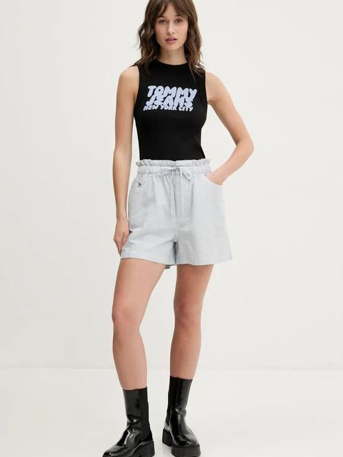 Tommy Jeans szorty z domieszką lnu damskie kolor niebieski wzorzyste high waist DW0DW20360 - zdjęcie produktu nr 2