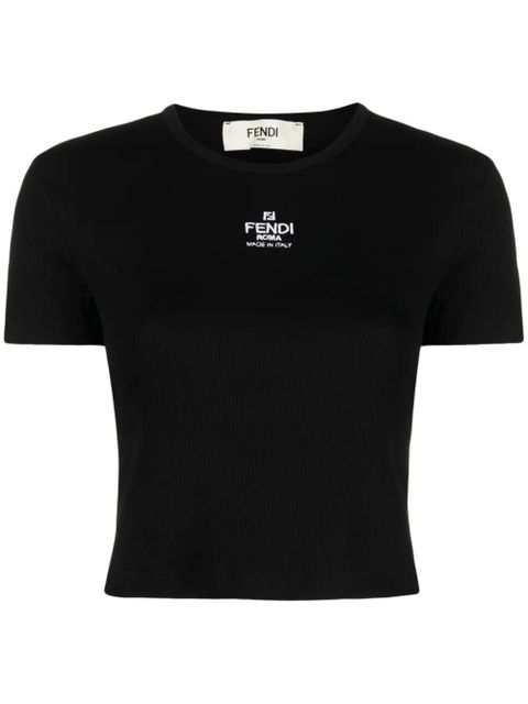 FENDI logo-embroidered cropped cotton-blend T-shirt - Black - zdjęcie produktu nr 1