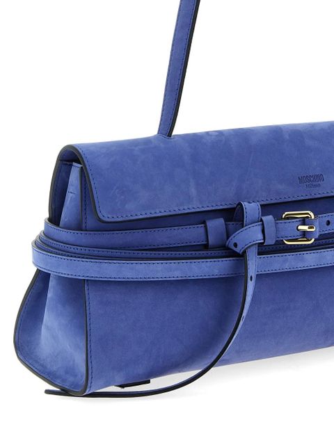 Moschino Tie Me embossed-logo suede shoulder bag - Blue