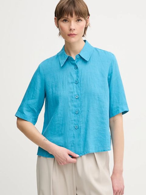 United Colors of Benetton koszula lniana kolor niebieski regular z kołnierzykiem klasycznym - zdjęcie produktu nr 1