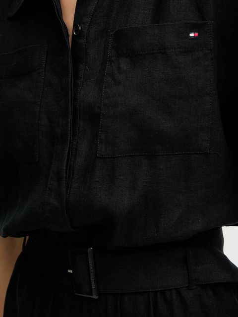 Tommy Hilfiger kombinezon lniany kolor czarny z kołnierzykiemm WW0WW47168