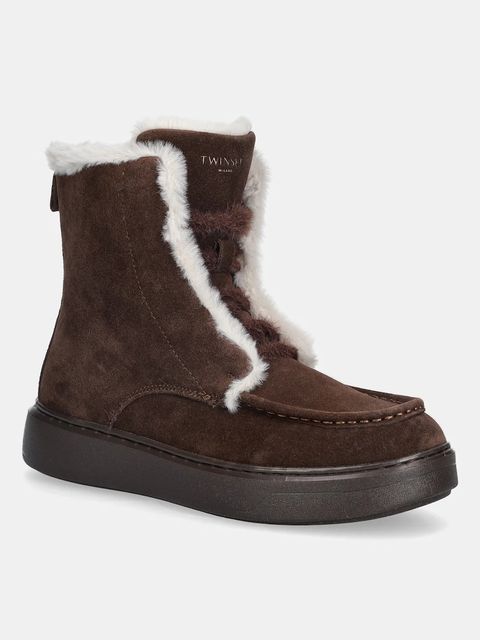 Twinset botki zamszowe damskie kolor brązowy na płaskim obcasie lekko ocieplone 252TGT01C - zdjęcie produktu nr 1