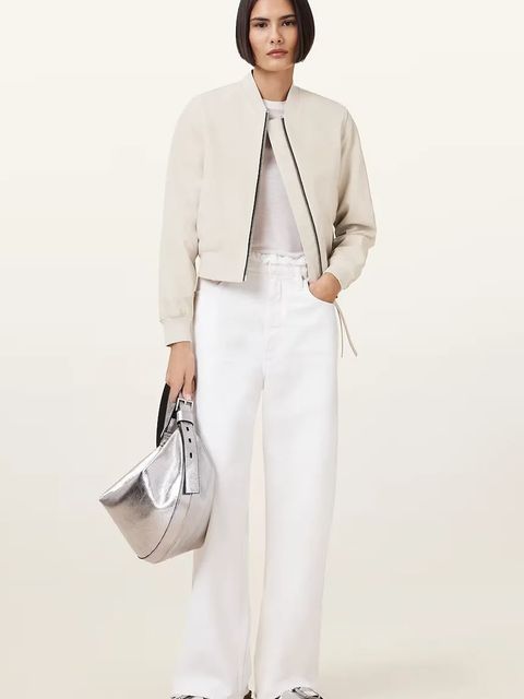 AllSaints kurtka skórzana ORTEN BOMBER JACKET damska kolor beżowy przejściowa W072LB